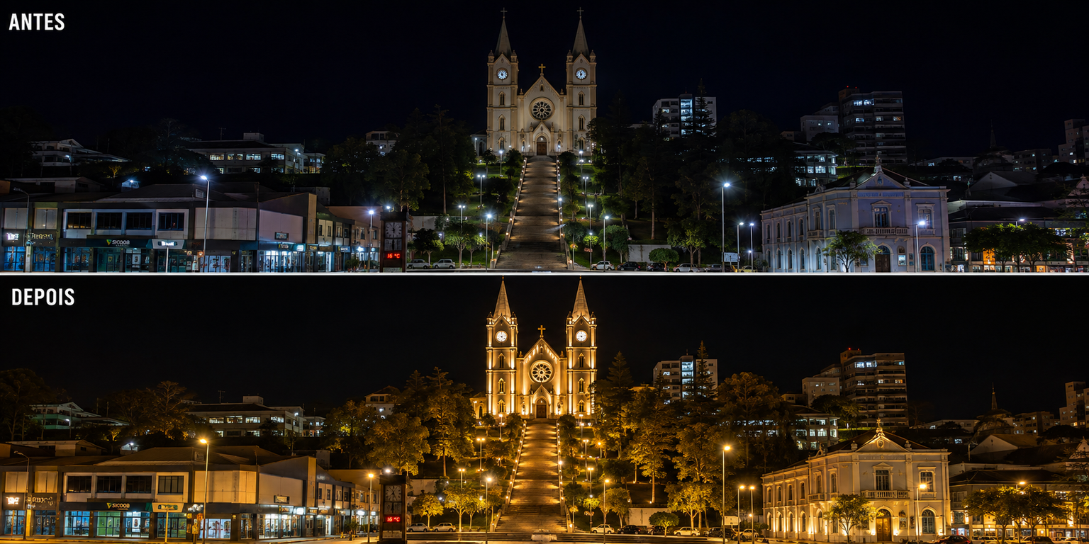 Igreja Matriz de São Bento do Sul antes e depois da nova iluminação